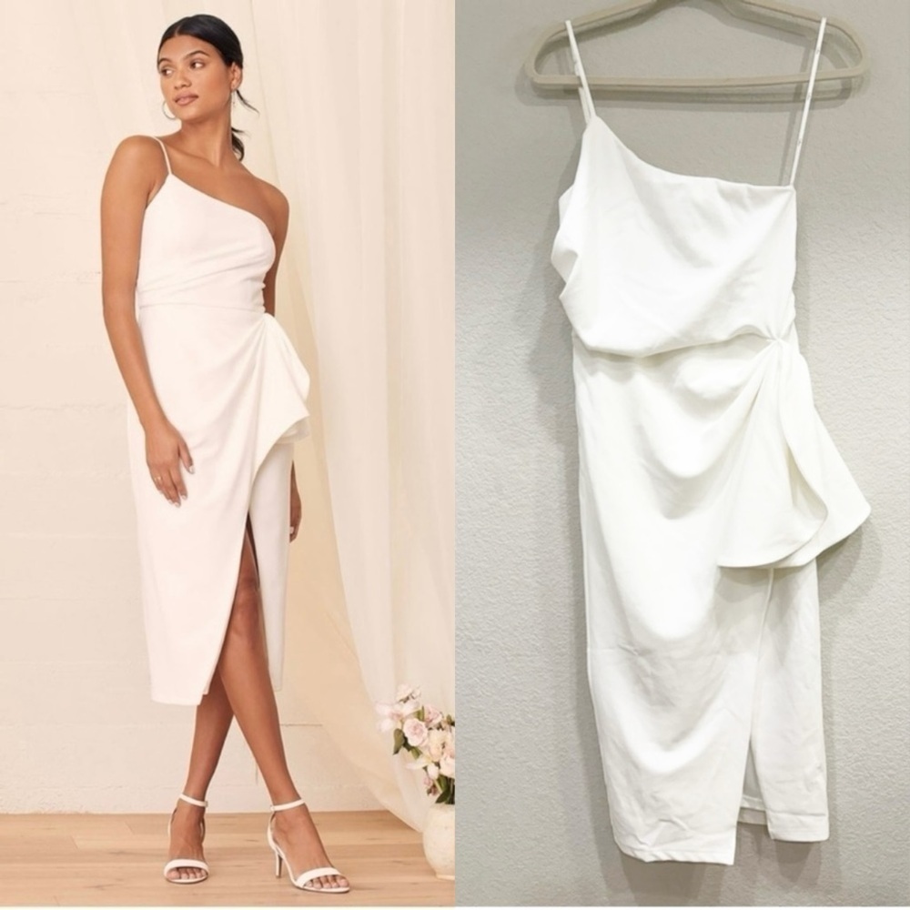 Nwot Lulus Love You Best White One-Shoulder Ruffled Tulip Midi Dress